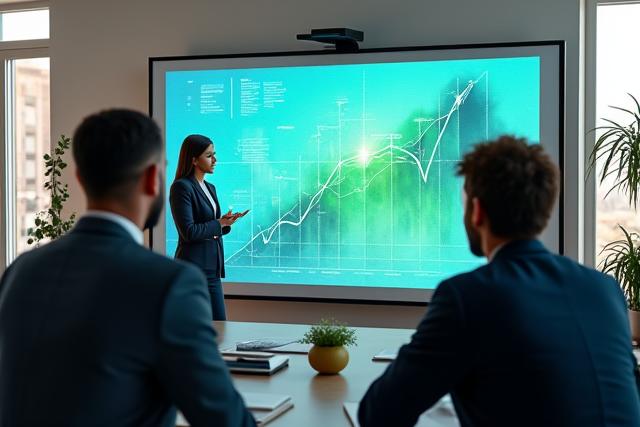 Professionnels collaborant autour d'un grand écran affichant des graphiques de croissance